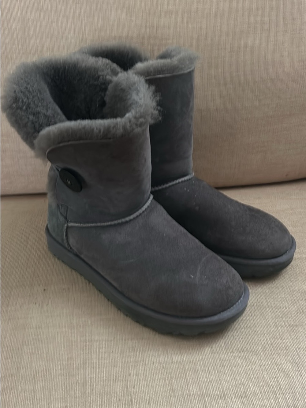 UGG Women's Gray Suede Shearling Bailey II Button Boots